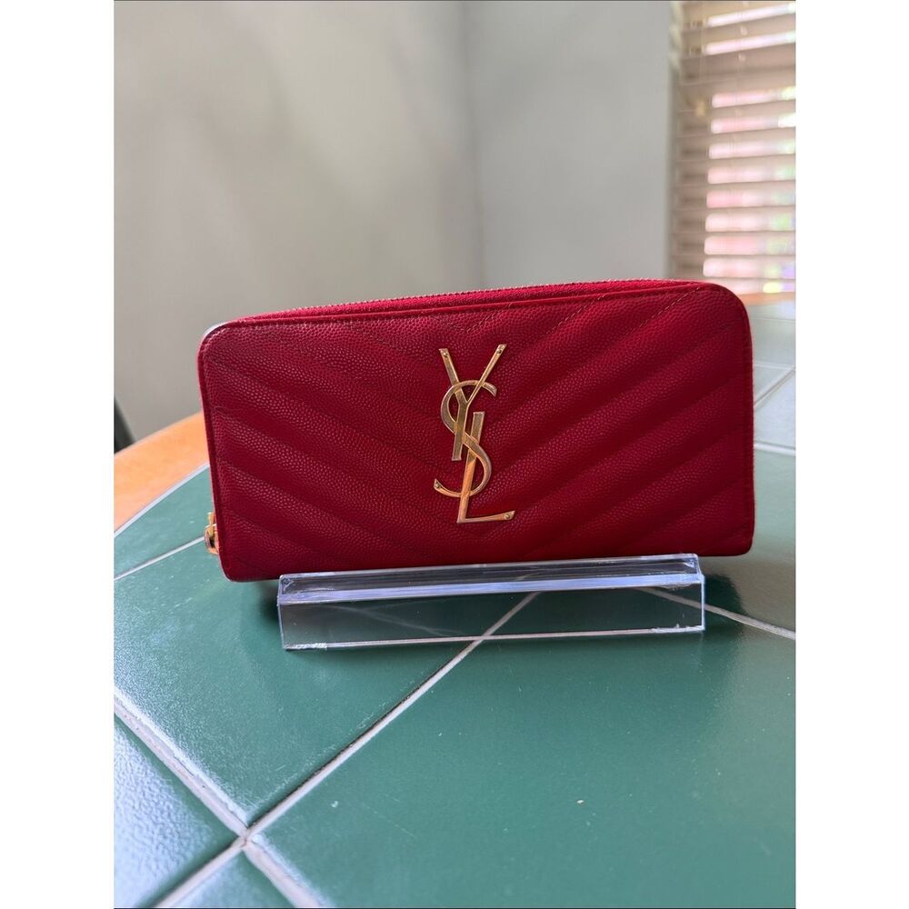 Yves Saint Laurent Red Quilted Zip Wallet with Gold YSL Logo